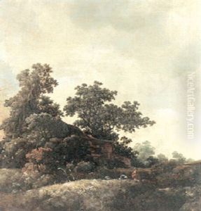 A Landscape With Cottage And Two Figures by Meindert Hobbema