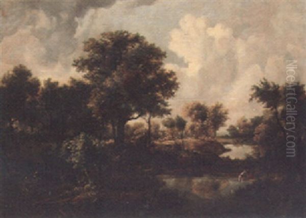 A Wooded Landscape With Figures On A Track With A Dog By A Pool - view 1