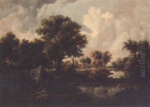A Wooded Landscape With Figures On A Track With A Dog By A Pool by Meindert Hobbema