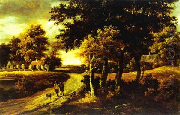 Waldlandschaft Mit Bauernhausern Und Wanderern Auf Einer Strase - view 1