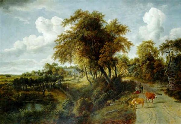 A Wooded Landscape With Peasants On Tracks - view 1