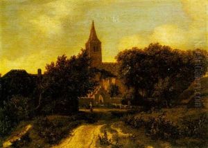 Landscape With Figures Near A Church by Meindert Hobbema