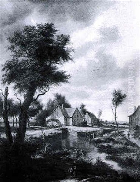 Figures On A Path Before A Mill Pond, A Watermill Beyond - view 1
