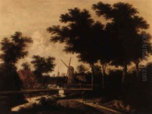 Paysage Boise Avec Un Moulin, Et Des Paysans Traversant Un Pont by Meindert Hobbema