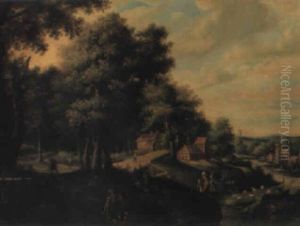 Hollandsk Landsby N+r Skovkant Med Jaeger Og Vandringsmand Hollandsk Landsby N+r Skovkant Med Jaeger Og Vandringsmand