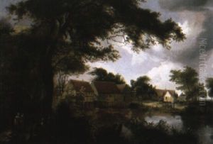 A Landscape With An Elegant Couple And Peasants On A Wooded Path by Meindert Hobbema