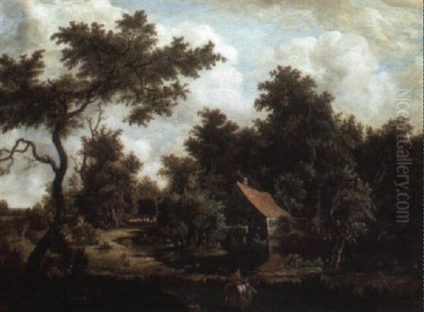 Wooded River Landscape With A Water Mill And Travellers - view 1