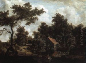Wooded River Landscape With A Water Mill And Travellers by Meindert Hobbema