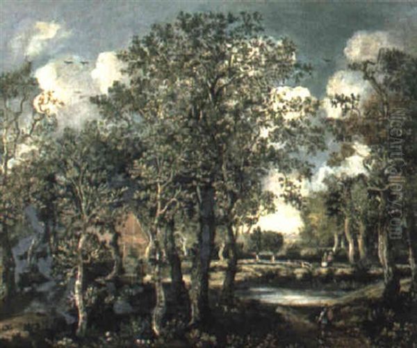 Figures In A Wooded Landscape With A Cottage - view 1