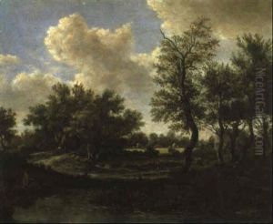 Waldlandschaft Mit Angler An Einem Mit Seerosen Bewachsenen Teich Waldlandschaft Mit Angler An Einem Mit Seerosen Bewachsenen Teich