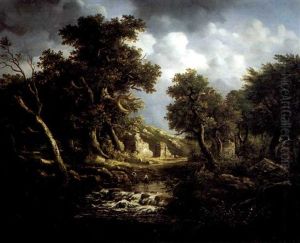 A Wooded Landscape With Figures In A Stream Before Ruins