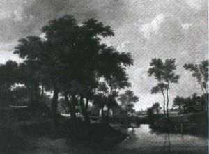 Flusslandschaft Mit Einer Wassermuhle Und Hausern Unter     Baumen by Meindert Hobbema
