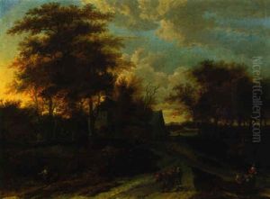 Waldlandschaft Mit Einem Bauernhaus Und Hirten by Meindert Hobbema