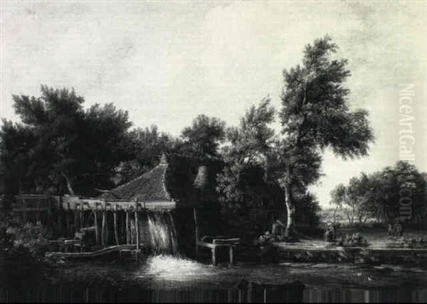 A Wooded Landscape With Figures By A Watermill - view 1