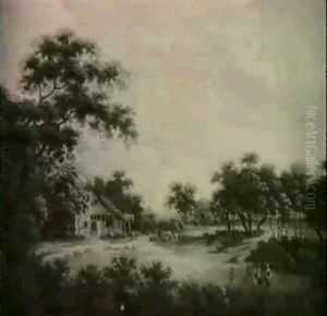 Landscape With Farmhouse And Figures by Meindert Hobbema