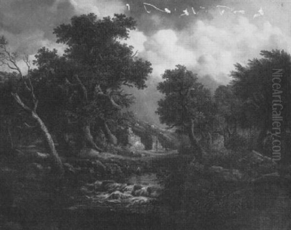 A Wooded Landscape With Figures In A Stream Before Ruins - view 1
