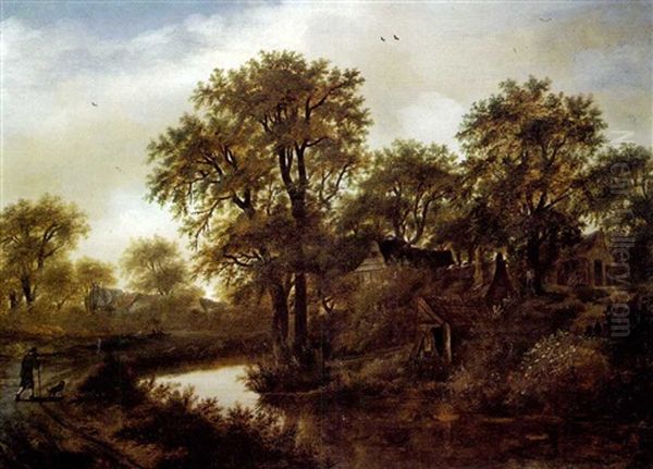 River Landscape With Cottages In A Wood And Peasant On A Path - view 1