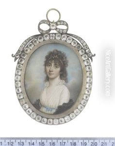 A Lady, Wearing White Embroidered Dress, Frilled Double Tier Collar, Sky Blue Ribbon Sash, Black Shawl With Frilled Trim, Ruby Earrings