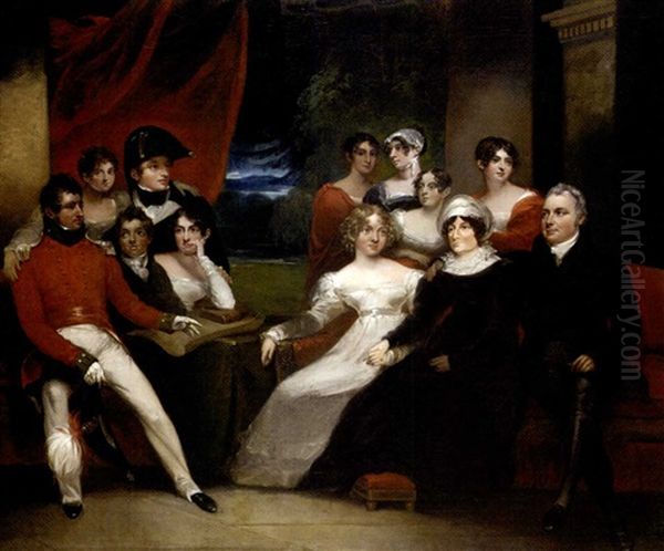 A Family Group In An Interior, A Red Curtain And Extensive Landscape Beyond - view 1