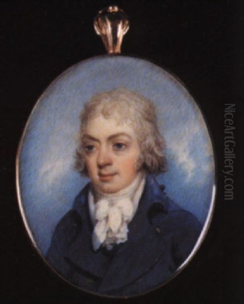 A Gentleman With Powdered Hair En Queue Wearing Blue Coat With Gold Coloured Buttons - view 1
