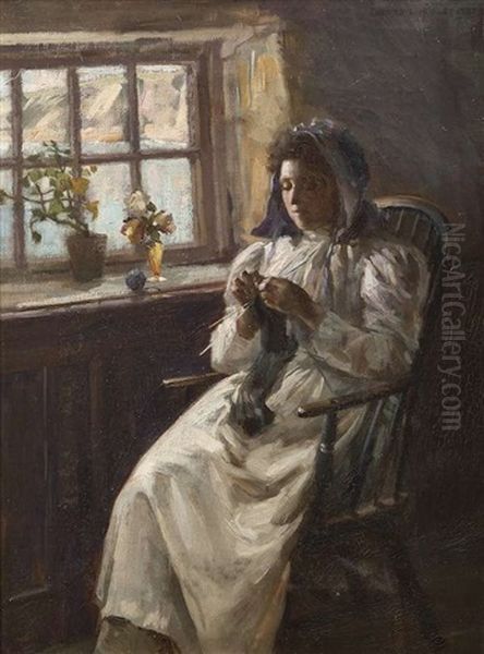 Lady Knitting By A Window - view 1
