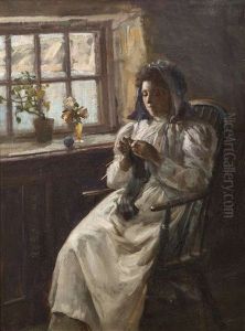 Lady Knitting By A Window by Edward George Hobley