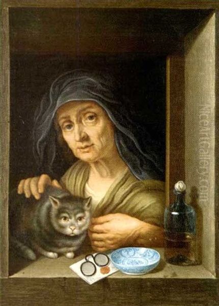 Femme Et Son Chat A La Fenetre - view 1