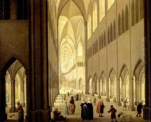 A Gothic Church Interior With Numerous Figures Conversing by Johann Jakob Hoch