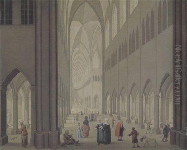 Inneres Einer Gotischen Kirche Mit Vielen Figuren Und Vier Hunden - view 1