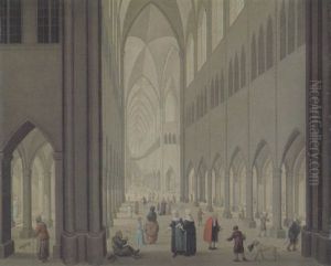 Inneres Einer Gotischen Kirche Mit Vielen Figuren Und Vier Hunden by Johann Jakob Hoch