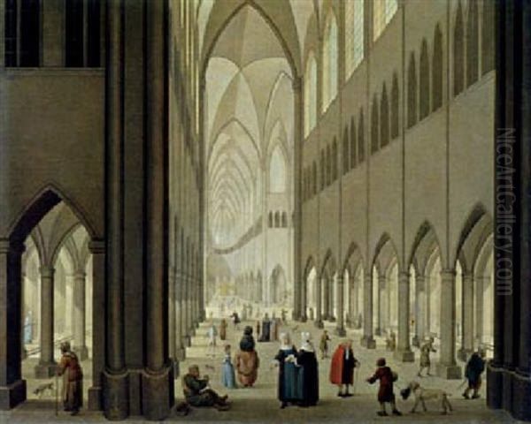 Inneres Einer Gotischen Kirche Mit Vielen Figuren Und Vier Hunden - view 1