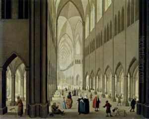 Inneres Einer Gotischen Kirche Mit Vielen Figuren Und Vier Hunden by Johann Jakob Hoch