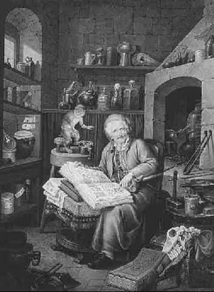 An Alchemist Seated In His Laboratory, Pointing To The Open Page Of An Anatomy Book - view 1