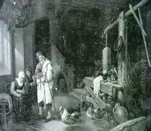 Interior Scene With Peasants, Pountry And Kitchen Utensils by Johann Jakob Hoch