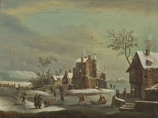 Winterlandschaft Mit Schlittschuhlaufern Auf Einem Zugefrorenen Kanal. Sommerliche Flusslandschaft Im Fruhen Abendlicht (pair) - view 1