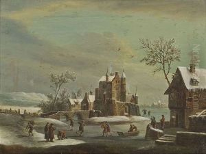 Winterlandschaft Mit Schlittschuhlaufern Auf Einem Zugefrorenen Kanal. Sommerliche Flusslandschaft Im Fruhen Abendlicht (pair)