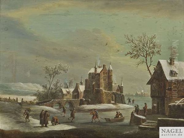 Winterlandschaft Mit Schlittschuhlaufern Auf Einem Zugefrorenen Kanal. Sommerliche Flusslandschaft Im Fruhen Abendlicht (pair) - view 1