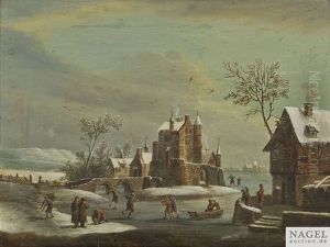 Winterlandschaft Mit Schlittschuhlaufern Auf Einem Zugefrorenen Kanal. Sommerliche Flusslandschaft Im Fruhen Abendlicht (pair)