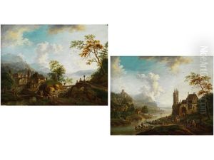 Rheinlandschaft Mit Hohenzugen Und Uferstadtchen (+ Rheinburg-anlage Mit Reicher Figurenstaffage; Pair)