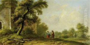 Bewaldete Landschaft Mit Bauern