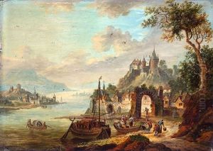 Weite Flusslandschhaft Mit Burg Und Einem Stadtchen