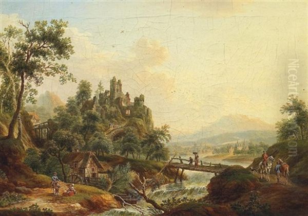 Ideale Romantische Flusslandschaft Im Vordergrund Eine Holzbrucke Und Eine Wassermuhle, Figurenstaffage - view 1