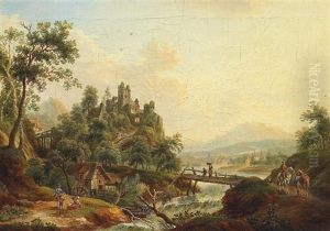 Ideale Romantische Flusslandschaft Im Vordergrund Eine Holzbrucke Und Eine Wassermuhle, Figurenstaffage