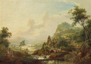Ideale Romantische Fluslandschaft Mit Kirchen Und Schlosruine, Figurenstaffage