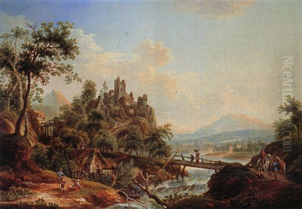 Flusslandschaft Mit Einer Grossen Burguine, Einer Muhle, Brucke Und Reitern (+ Burggesaumte Flusslandschaft Mit Einer Brucke Und Figurenstaffage; Pair) - view 1
