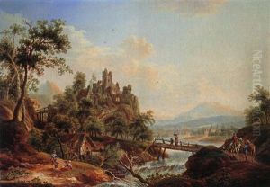 Flusslandschaft Mit Einer Grossen Burguine, Einer Muhle, Brucke Und Reitern (+ Burggesaumte Flusslandschaft Mit Einer Brucke Und Figurenstaffage; Pair)