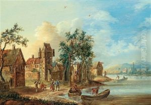 Flusslandschaft Mit Einem Dorf, Booten Und Figuren (+ Another, Similar; Pair)