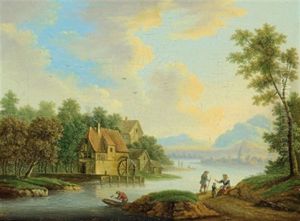 Flusslandschaft Mit Hausern, Einer Muhle Und Figuren