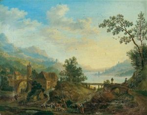 Rheinlandschaft Mit Hausern, Einer Wassermuhle Und Einer Hirtin Mit Herde