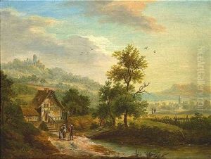 Burggesaumte Fluslandschaft Mit Landvolk Vor Einer Muhle, Im Hintergrund Rechts Eine Dorf